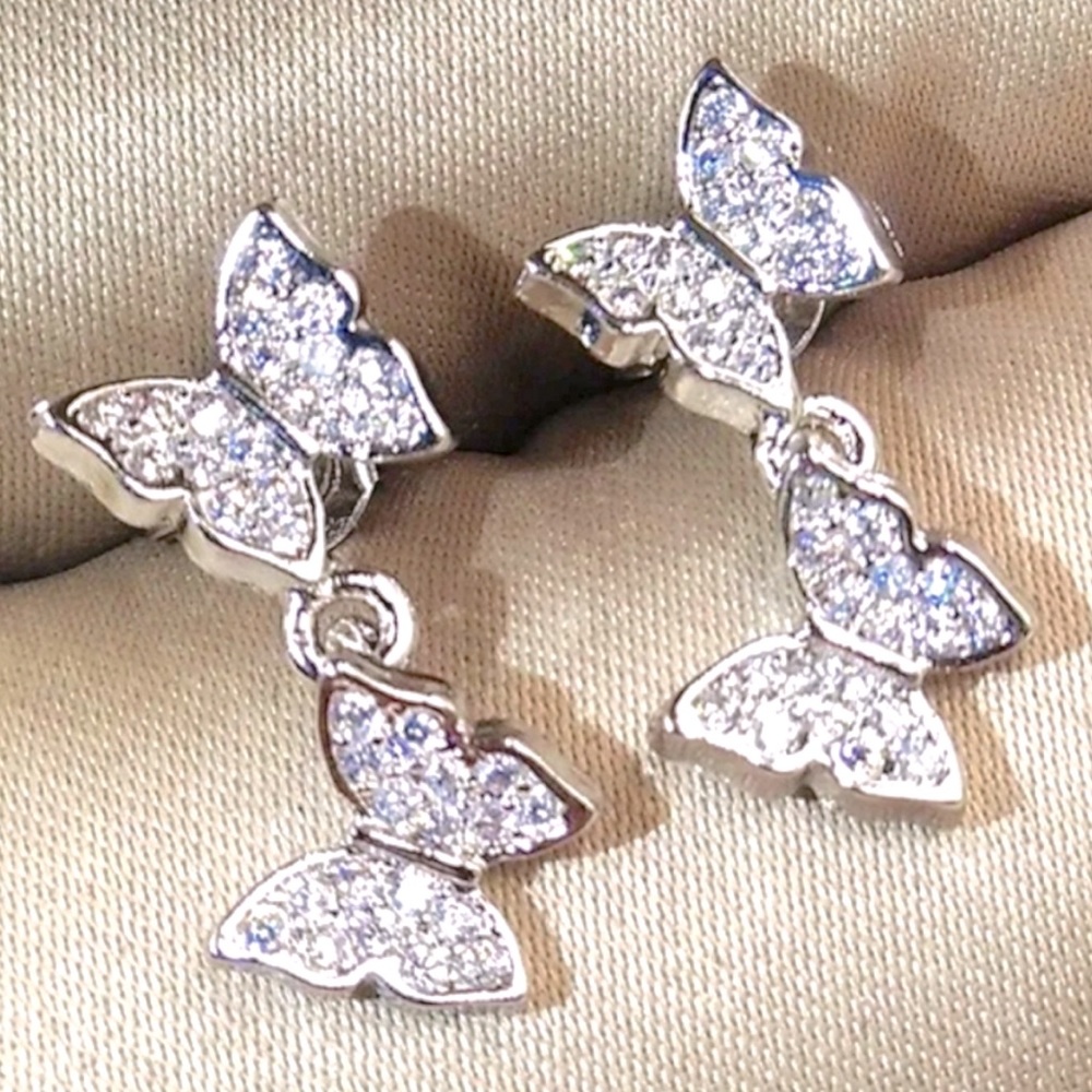 White Gold over Sterling Silver Butterfly Earrings with White Topaz 1 1/2”